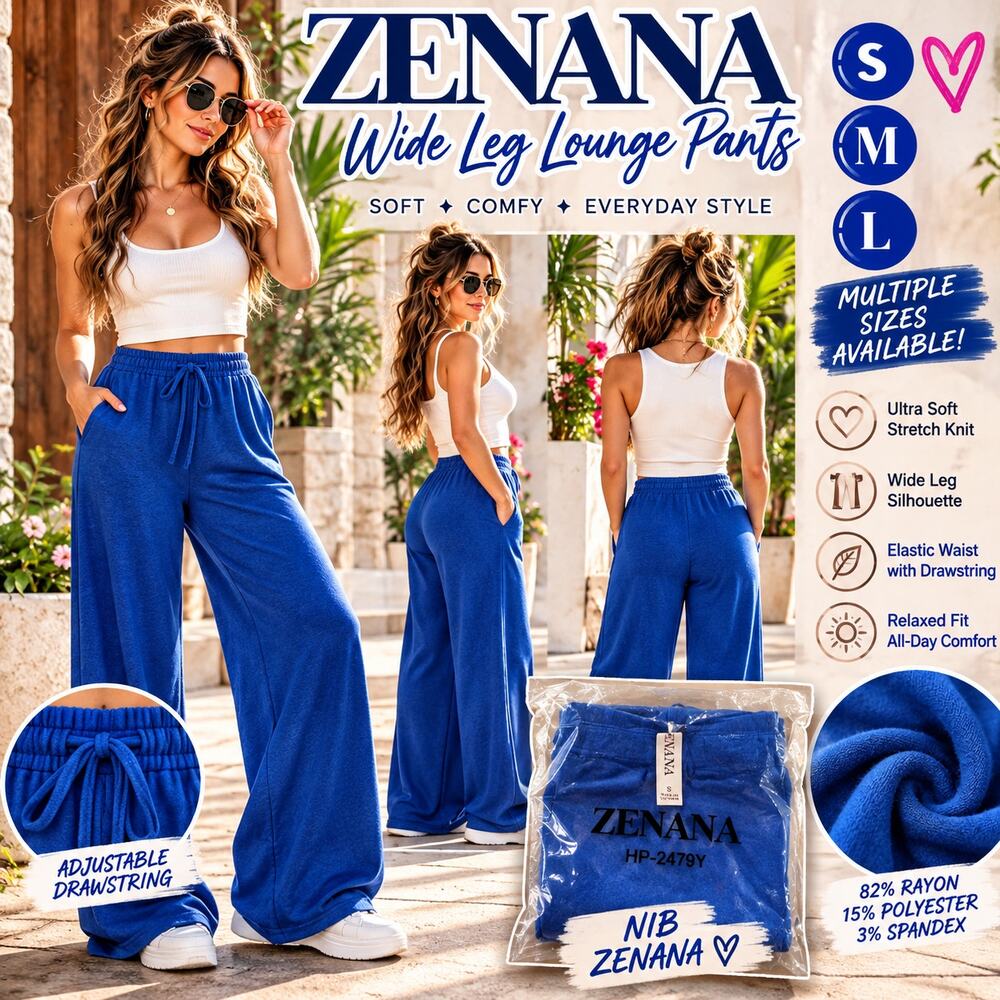 Zenana Royal Blue Wide Leg Drawstring Lounge Pants S M L NWT